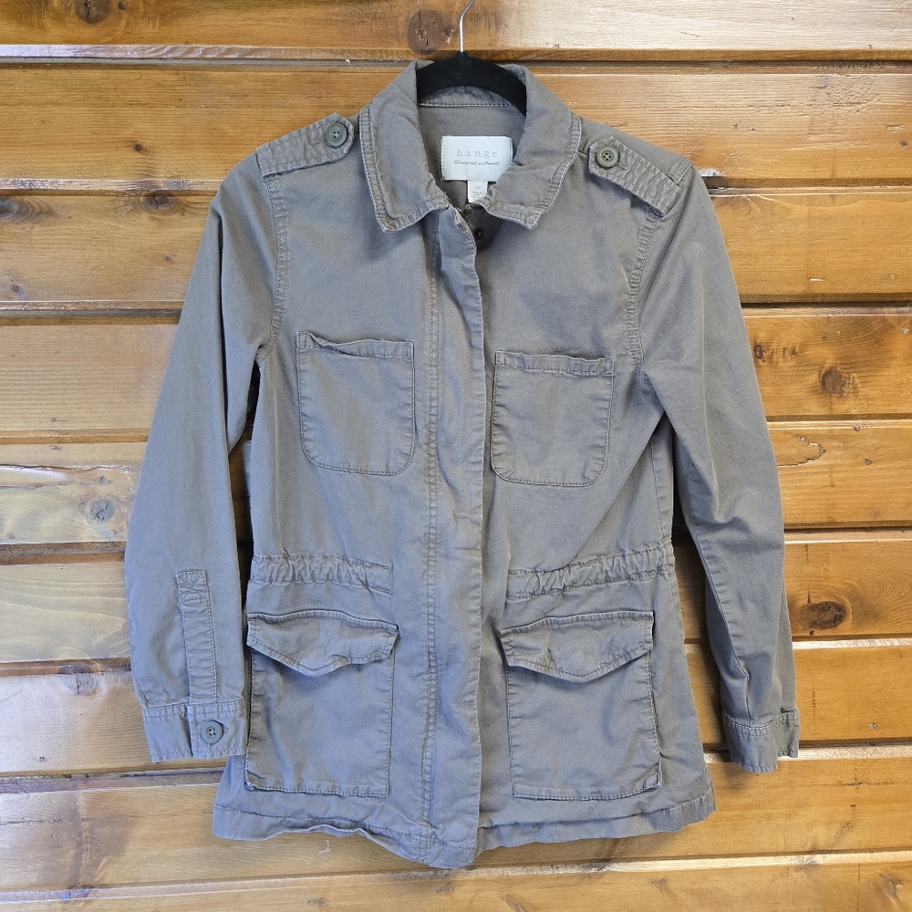 Hinge Utility Military Jacket Olive Green Button Epaulets Front Pockets Size XS
